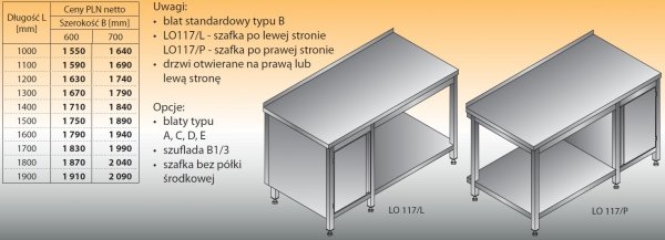 Stół roboczy z szafką i półką lo 117/l; lo 117/p 1300/700