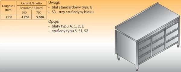 Stół roboczy z trzema blokami szuflad lo 133/s3 - 1300x600