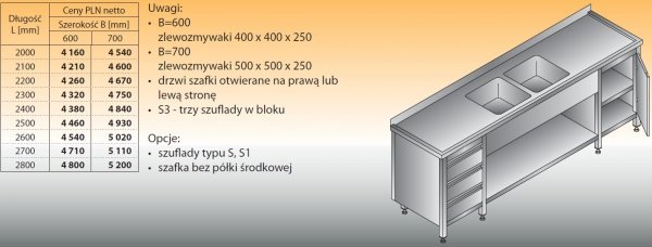 Stół zlewozmywakowy 2-zbiornikowy lo 251/s3 - 2100x700