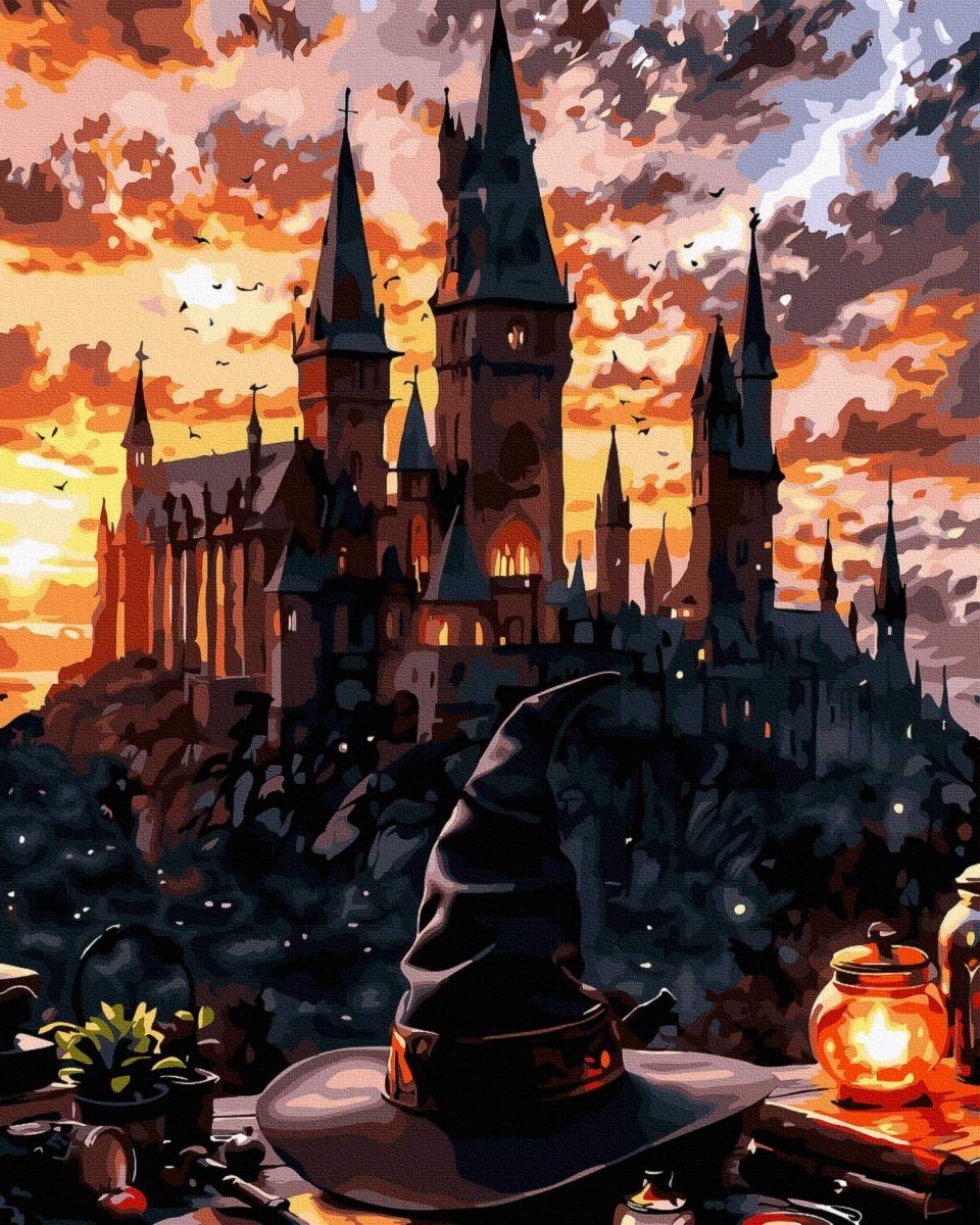 Malowanie Po Numerach Zestaw Zachód słońca nad Hogwartem 40x50
