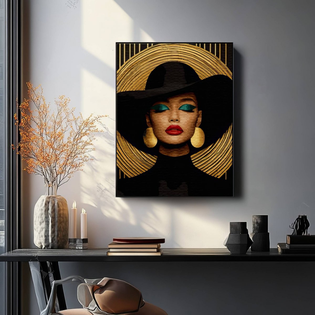 Malowanie Po Numerach Zestaw Kobieta w Czerni 40x50 Złota Farba