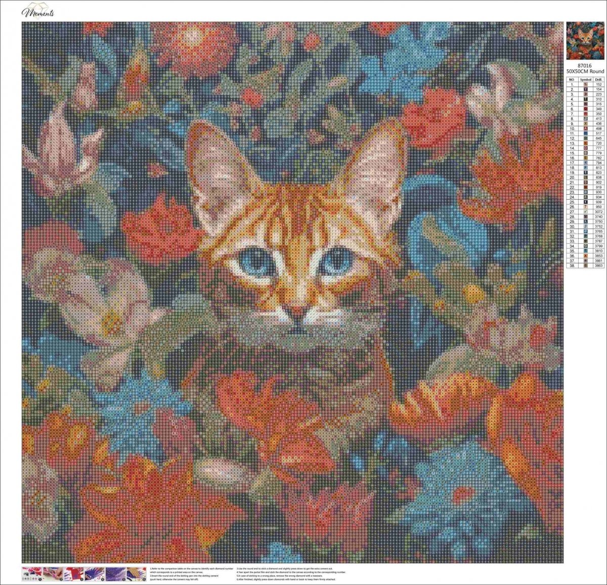 Haft Diamentowy Kot w Kwiatach 55x55 cm