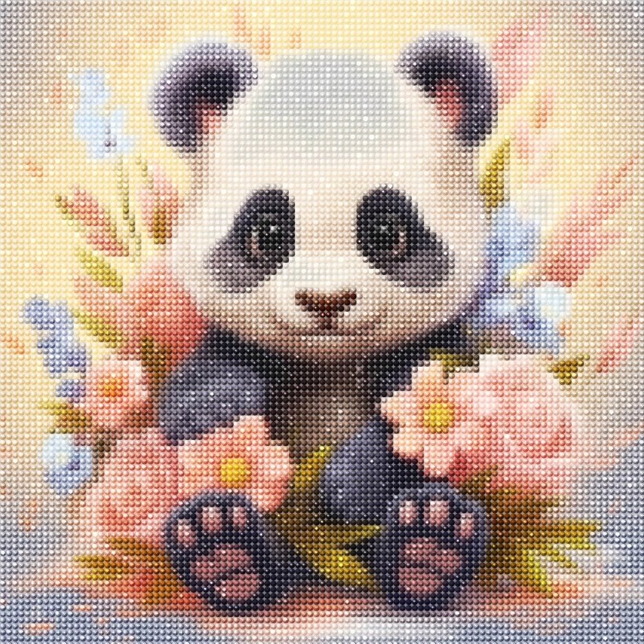 Haft Diamentowy Urocza Panda w Kwiatach 35x35 cm