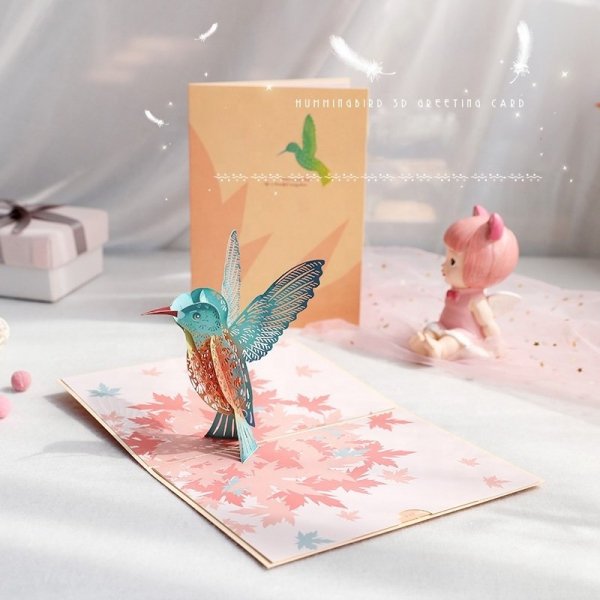 Kartka Pocztowa Okolicznościowa 3D Pop-up Kwiaty Uroczy Koliber