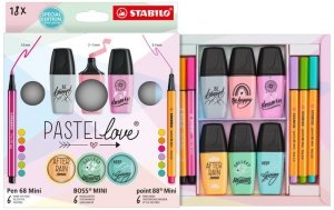 Zestaw 18-kol. Cienkopisy Point 88 mini/Flamaster Pen 68 Mini/zakreślacz BOSS Mini Pastellove 2.0 – etui, Stabilo