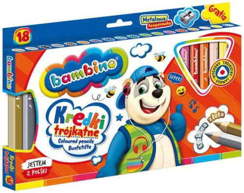 Kredki 18-kol. 15 cm Jumbo drewniane trójkątne + temperówka Bambino, St.Majewski