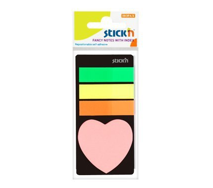 Zakładki indeksowe neon+notes serduszko, Stick`n
