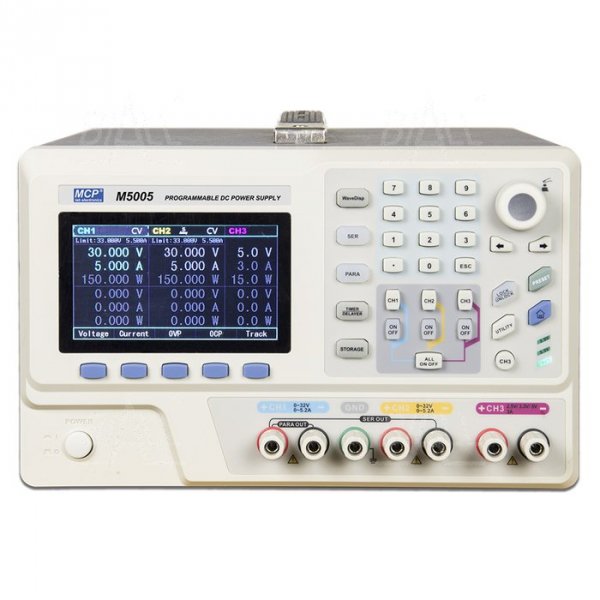 Zasilacz lab programowalny M5005B DC 2x 30V/5A, 1x 2,5V/3,3V/5V/3A roz.1mV/1mA