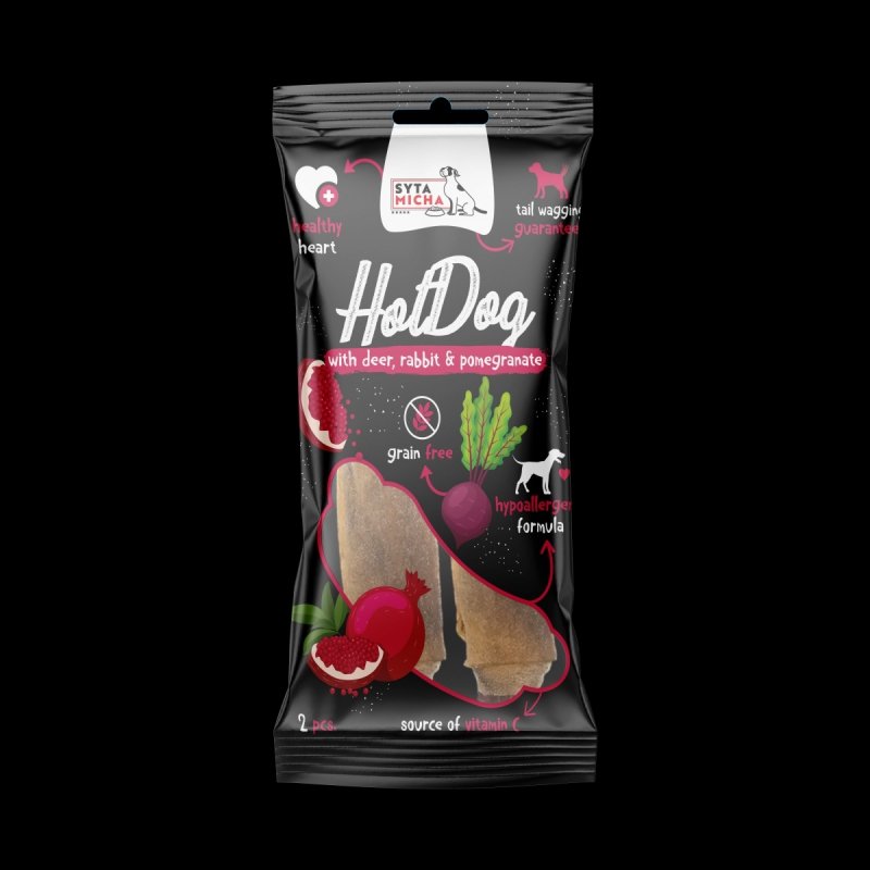 Hot Dog do żucia dla psa - królik z granatem w skórze jelenia 2 szt. Syta Micha