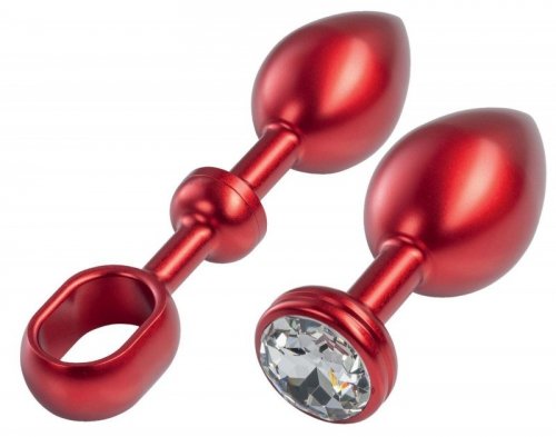 Malesation Alu Plug with handle & crystal large, red - korek analny, zestaw z uchwytem i kryształem