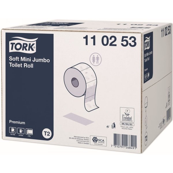 Papier toaletowy Tork Mini Jumbo Premium T2, 2-warstwowy biały170m 12 rolek [110253]