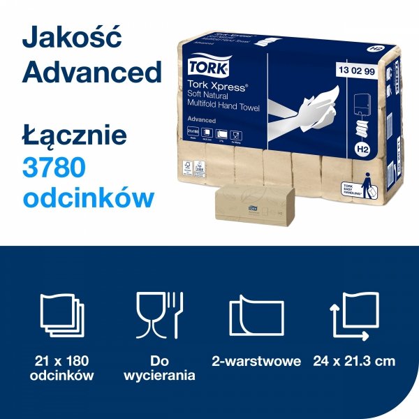 Ręczniki papierowe składane Tork Xpress Advanced H2, 2-warstwowe naturalne 21x180 listków [130299]