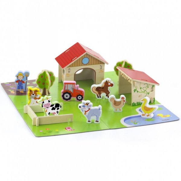 Drewniana Farma dla Zwierząt 3D Zagroda ze zwierzętami 30 elementów - Viga Toys