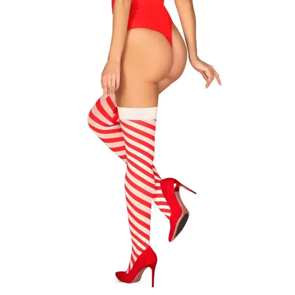 Obsessive Kissmas Pończochy L/XL Czerwono-Białe Paski Multistretch