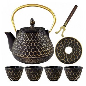 ZAPARZACZ ŻELIWNY DZBANEK ZŁOTY 900ml Z FILTREM i FILIŻANKAMI HAGE