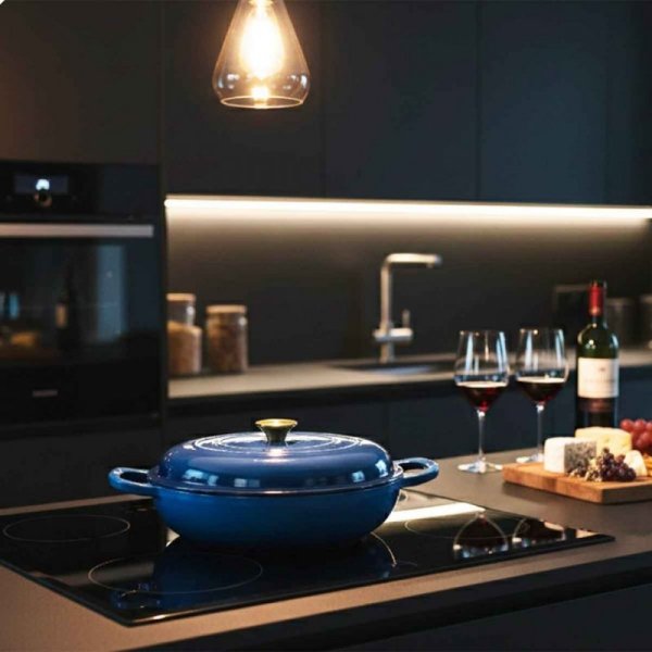 EMALIOWANY GARNEK ŻELIWNY PŁASKI 30cm 3L HAGE NIEBIESKI