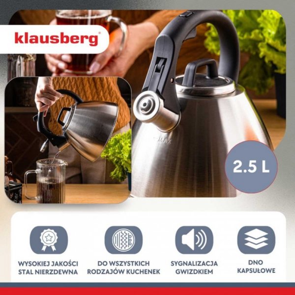 CZAJNIK STALOWY Z GWIZDKIEM 2,5L KLAUSBERG KB-7951