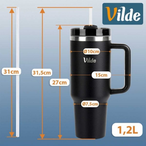 STALOWY KUBEK TERMICZNY TERMOS 1200ml Z RĄCZKĄ I SŁOMKĄ 259444