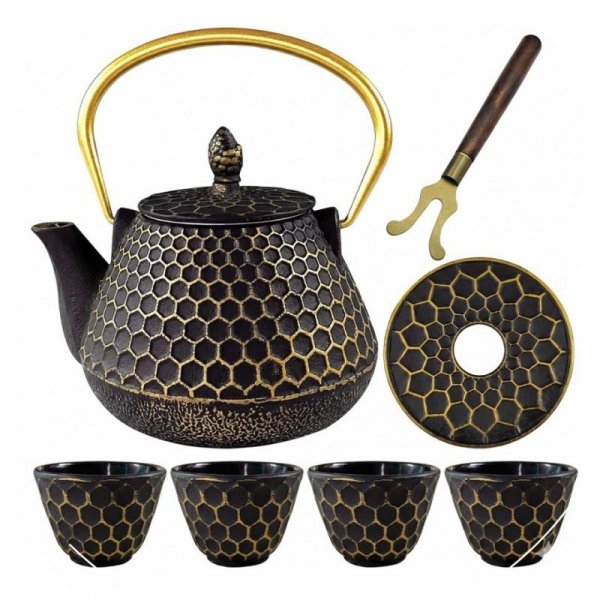 ZAPARZACZ ŻELIWNY DZBANEK ZŁOTY 900ml Z FILTREM i FILIŻANKAMI HAGE