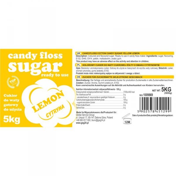Kolorowy smakowy cukier do waty cukrowej żółty o smaku cytrynowym 5kg