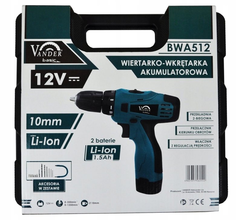 WIERTARKO WKRĘTARKA akumulatorowa 12V 2 x aku 1,5Ah Vander BWA512