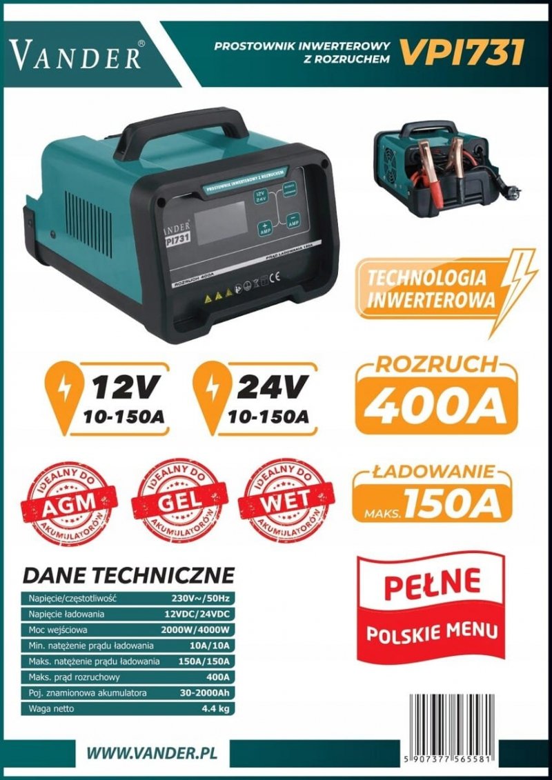 Prostownik samochodowy inwerterowy z funkcją rozruch 400A, 12V/24V 230V