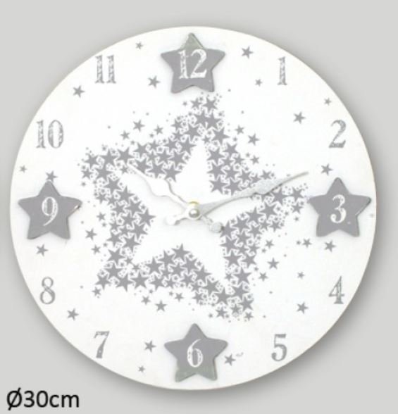 Drewniany zegar ścienny Gwiazdki 30cm biały