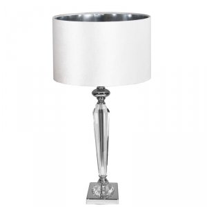 Srebrna lampa stołowa z białym abażurem