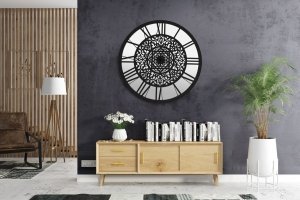 Industrialny lustrzany zegar ażurowy Cathedral czarny 70 cm