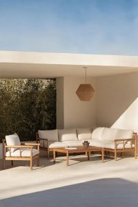 Zestaw mebli do ogrodu Malvin ogrodowy komplet sofa 5-osobowa fotel i stolik z drewna akacjowego
