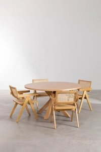 Stół Lail z 4 krzesłami do jadani okrągły 140 cm krzesła w kolorze naturalnym