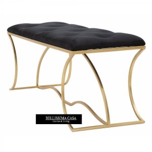 Piękna aksamitna ławka siedzisko czarna na złotym stelażu glamour