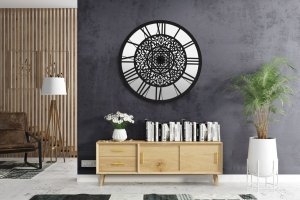 Industrialny zegar lustrzany ażurowy Cathedral czarny 90 cm