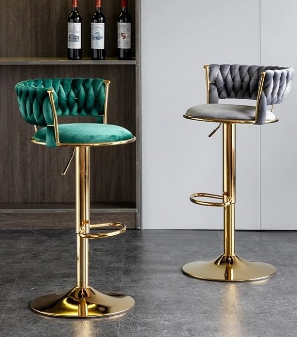 Hoker złoty stołek barowy z podnóżkiem regulowany, obrotowy szare siedzisko
