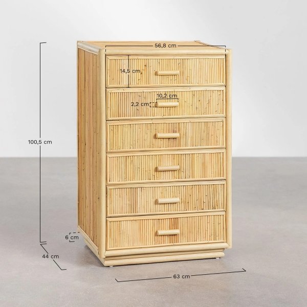 Komoda Beatriz 100 cm 6 szuflad drewno rattanowe do salonu