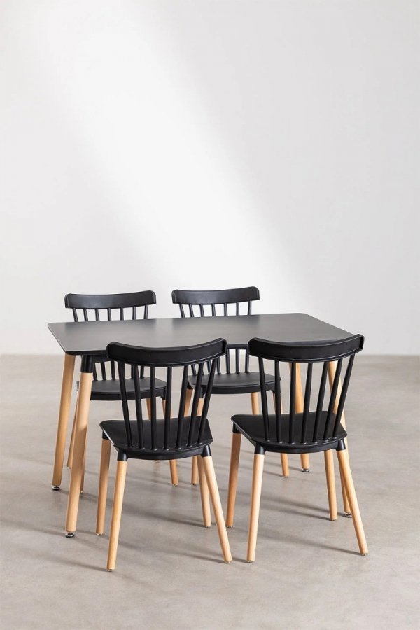 Zestaw stołu do jadalni z 4 krzesłami Navy w kolorze czarnym z drewna