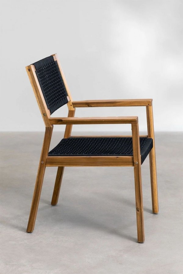 Komfortowe krzesło z drewna akacjowego z czarnym sznurowanym oparciem i siedziskiem zestaw 2 sztuki