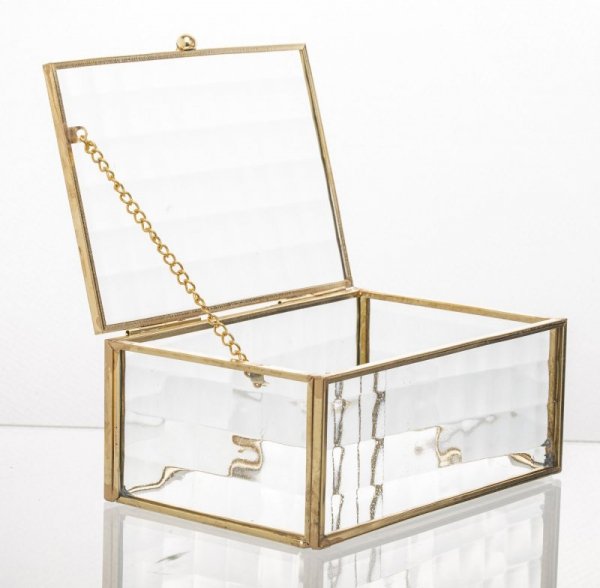 Metalowo szklana szkatułka na biżuterię lub drobiazgi  z łańcuszkiem