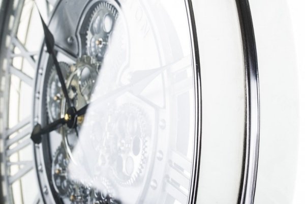 Bardzo elegancki zegar ścienny Kensington srebrny z widocznym mechanizmem