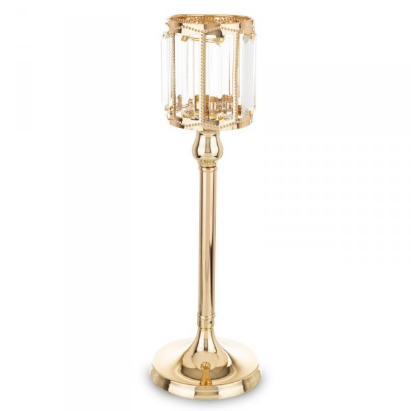 Złoty świecznik na świecę - metalowo-szklany design, rozmiar 34x11x11 cm
