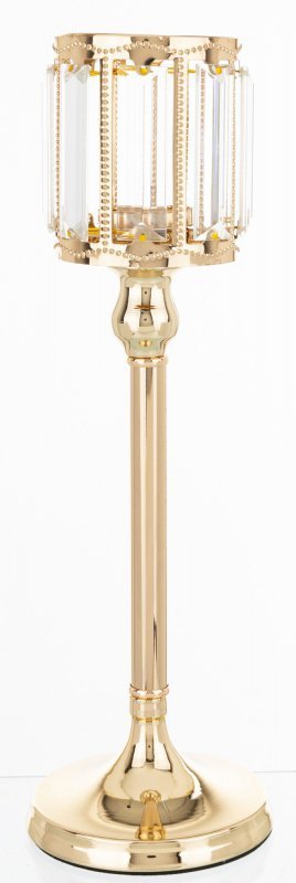 Złoty świecznik na świecę - metalowo-szklany design, rozmiar 34x11x11 cm