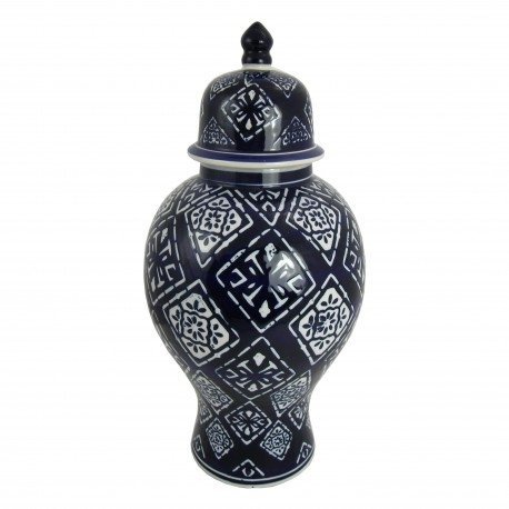 Ceramiczna waza o smukłym kształcie w kolorze eleganckiego granatu i bieli. 