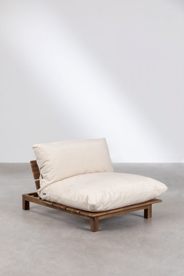 zestaw ogrodowy Brina –SKLUM - drewniana sofa modułowa z pufą i stolikiem kawowym – kremowe poduszki, drewno akacjowe – Bellissima Casa