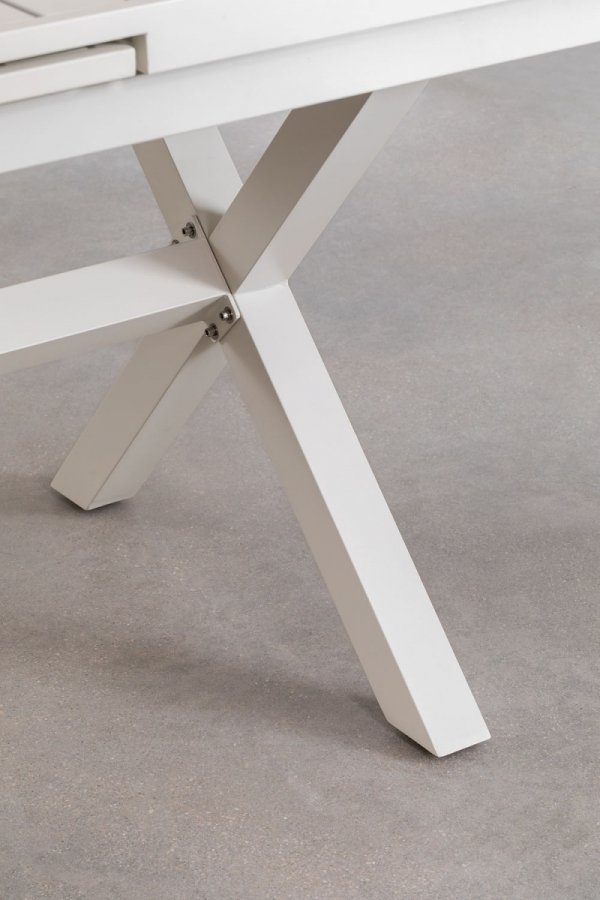 elegancki zestaw ogrodowy Paula, składający się z rozkładanego prostokątnego stołu (180-240x90 cm) i sześciu aluminiowych krzeseł z siedziskami i oparciami z tekstyliów