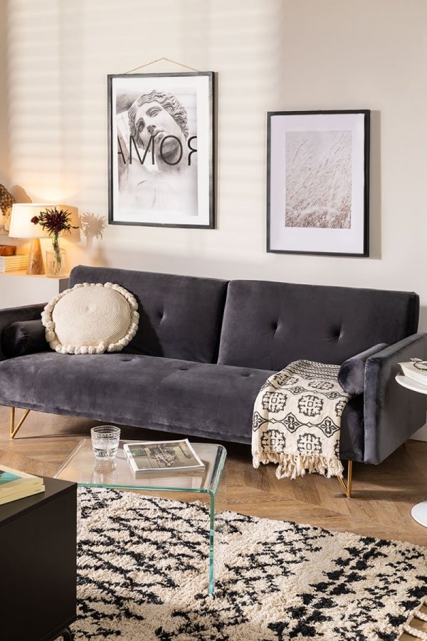 3-osobowa sofa do salonu rozkładana z funkcją spania z aksamitu kolor grafitowy na metalowych nóżkach