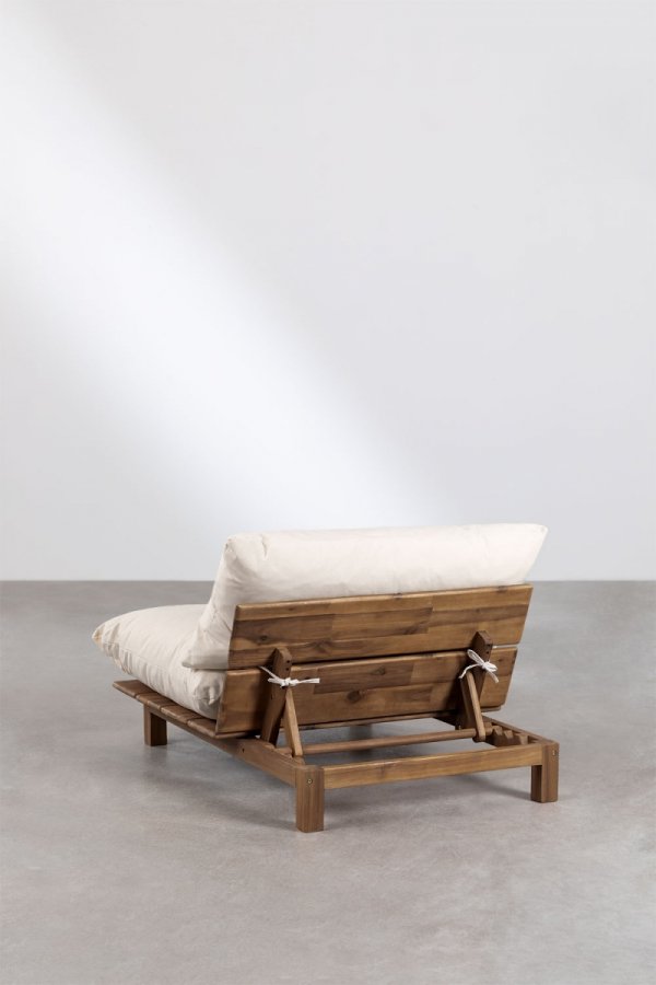 zestaw ogrodowy Brina –SKLUM - drewniana sofa modułowa z pufą i stolikiem kawowym – kremowe poduszki, drewno akacjowe – Bellissima Casa