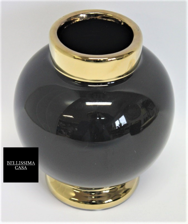 Nowoczesny elegancki wazon osłonka czarny ze złotym wykończeniem w kształcie amfory