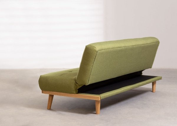 Sofa z funkcją spania do salonu 3-osobowa drewno i len pistacjowa