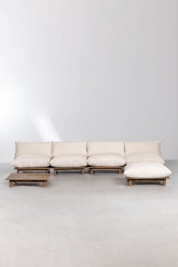 zestaw ogrodowy Brina –SKLUM - drewniana sofa modułowa z pufą i stolikiem kawowym – kremowe poduszki, drewno akacjowe – Bellissima Casa