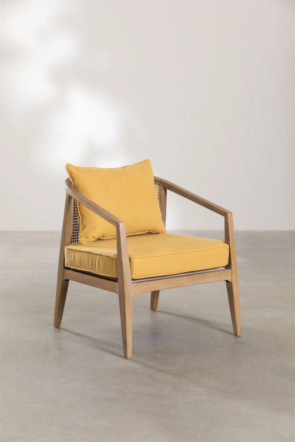 Komfortowy fotel Cairo z poduchą - drewno brzozowe, ratan, żółte poduszki